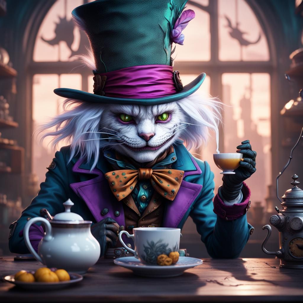 Cyberpunk Mad Hatter Tea Party: Detailed Matte Painting