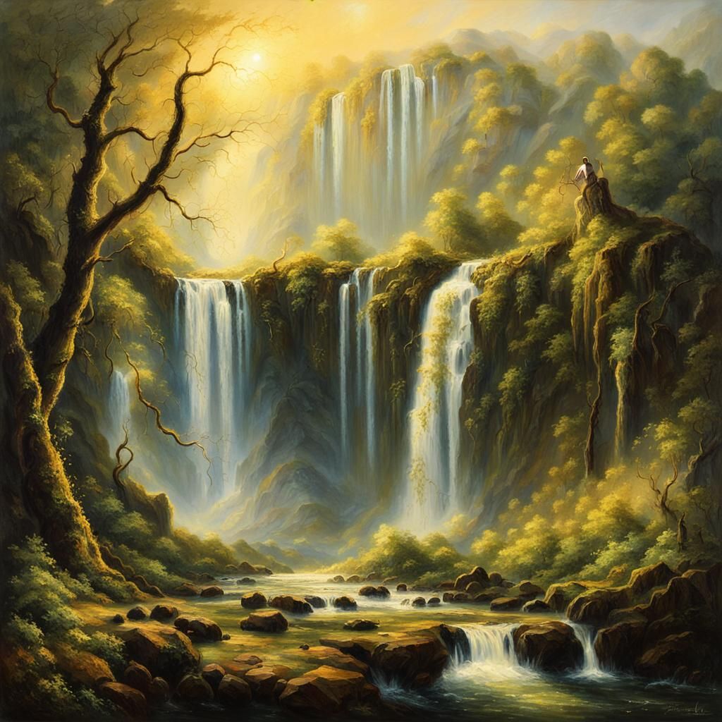 Majestic Waterfall Landscape in Romantic Impressionist Style