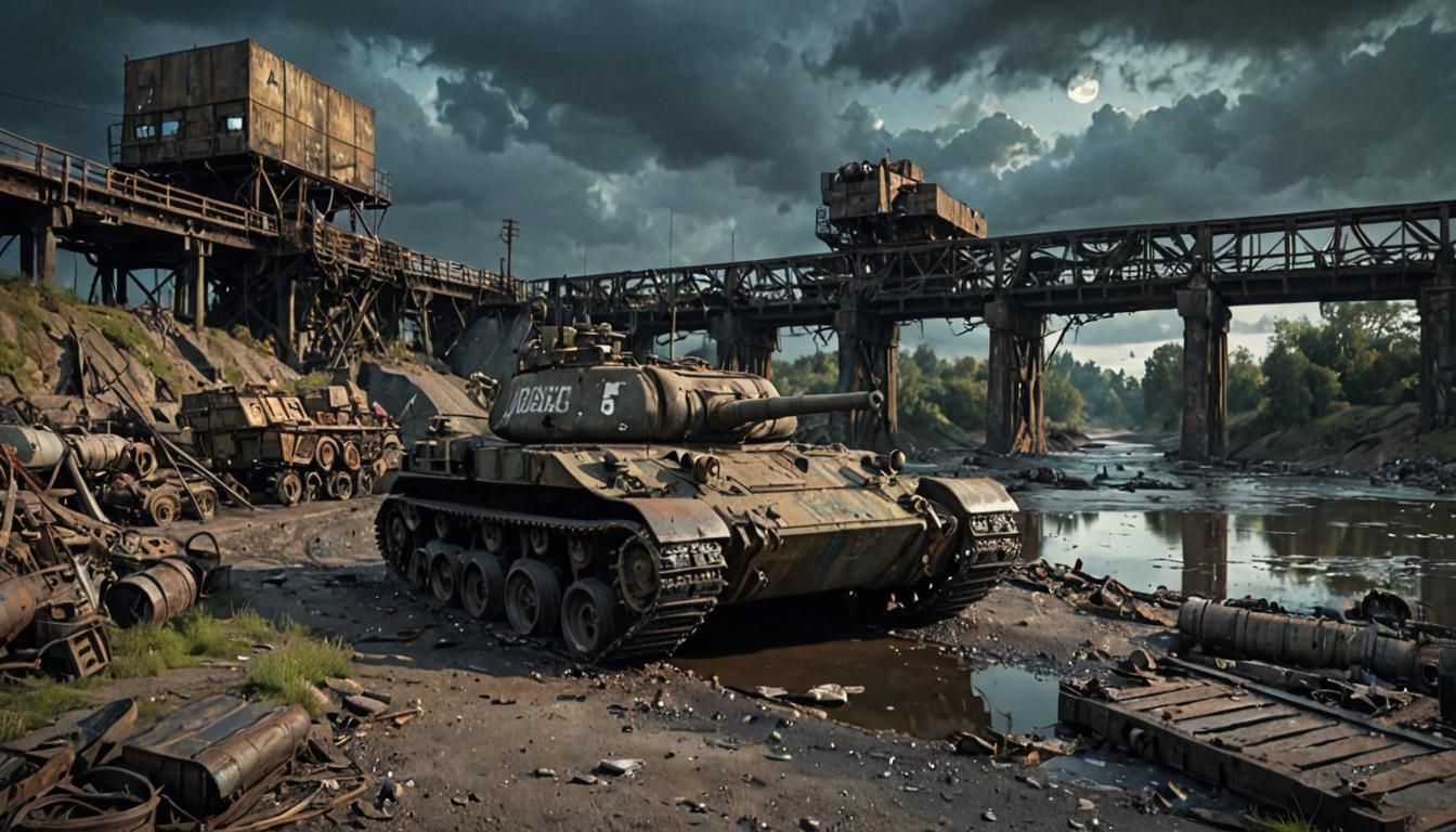 Dieselpunk Tank Crossing Ruined Wasteland Bridge