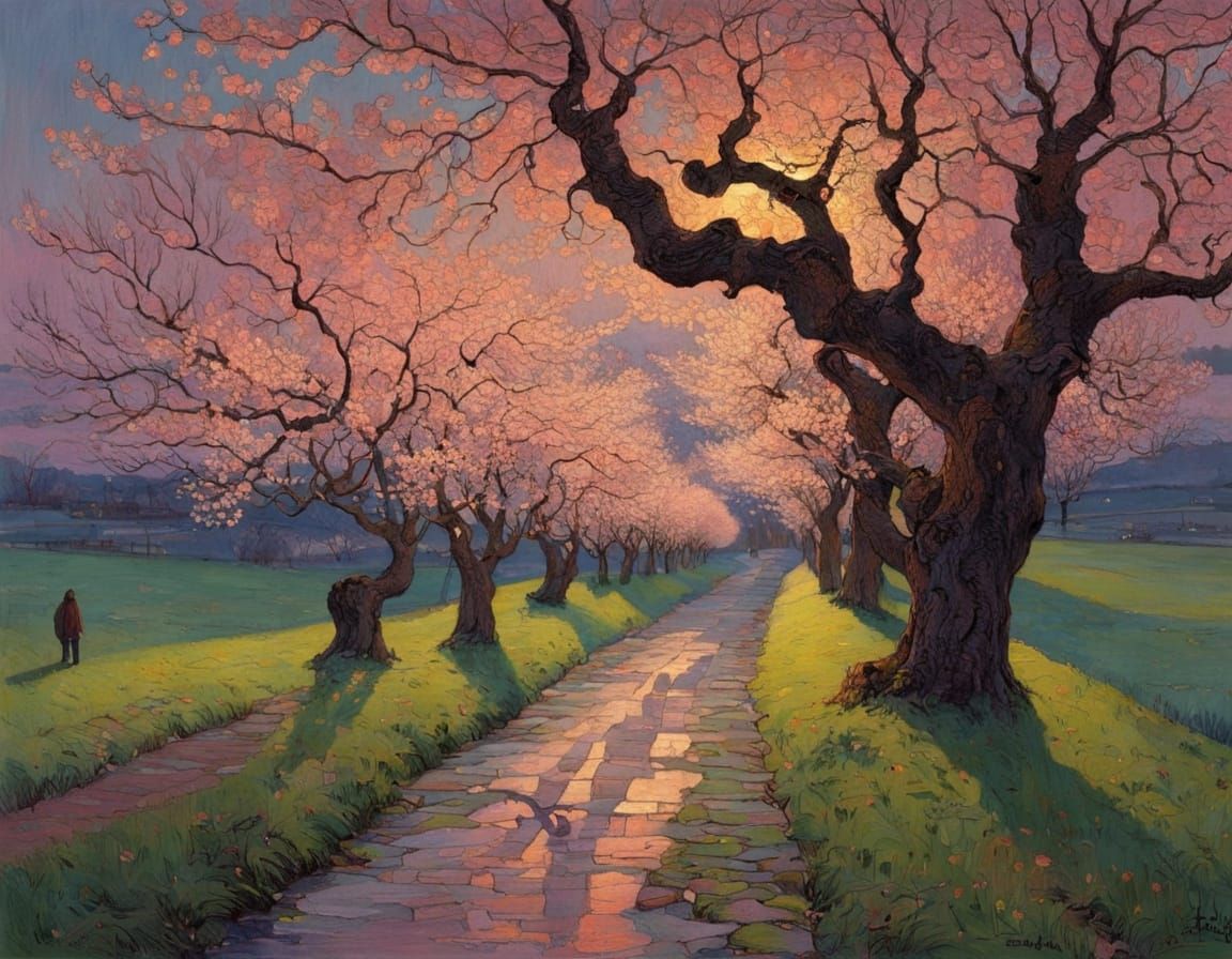Surreal Cherry Blossom Avenue in Soft Evening Light