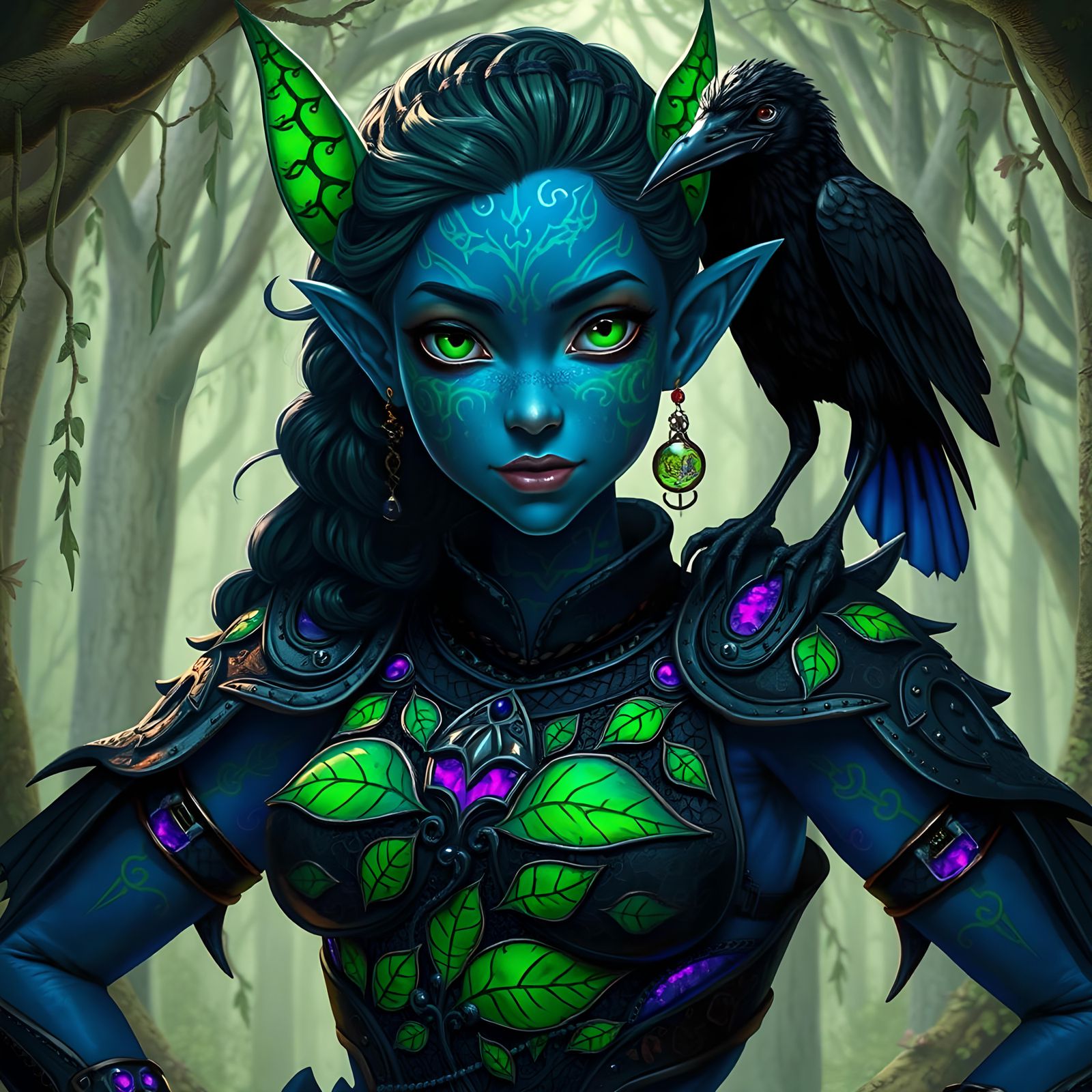 Indigo Merfolk Warlock with Raven, Whimsical 3D Art