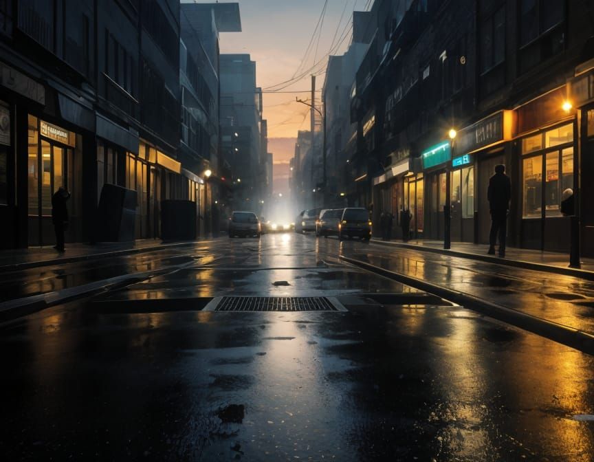 Eerie Sunset Cityscape in Film Photography Style