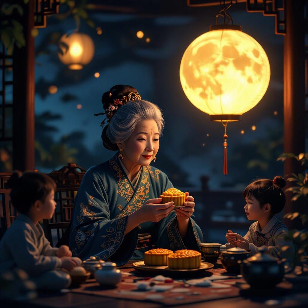 Cozy Family Gathering With Moon Lantern and Tea