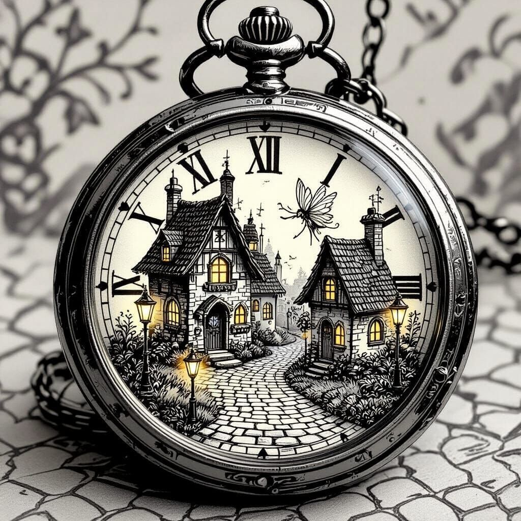 Fairy Village Inside Pocket Watch: Ink Illustration