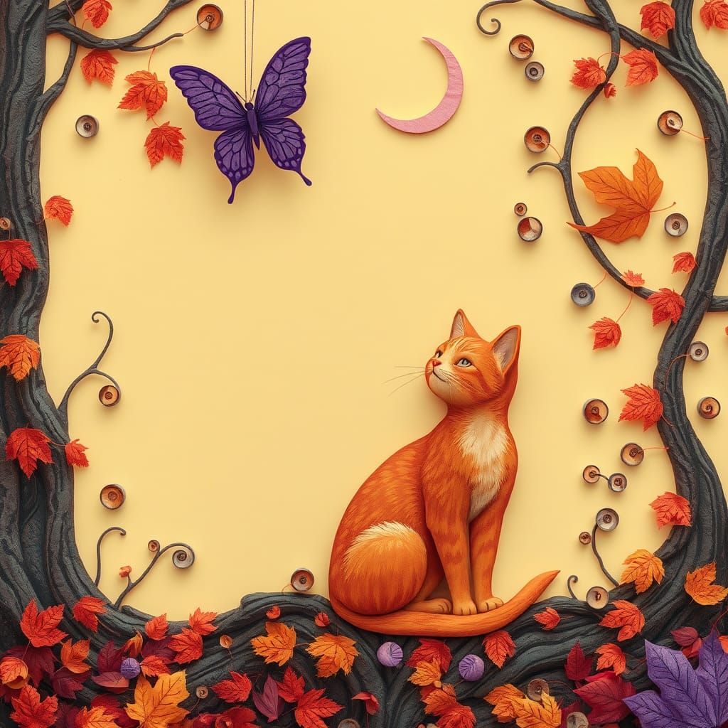 Paper Mache Cat in Whimsical Autumn Forest