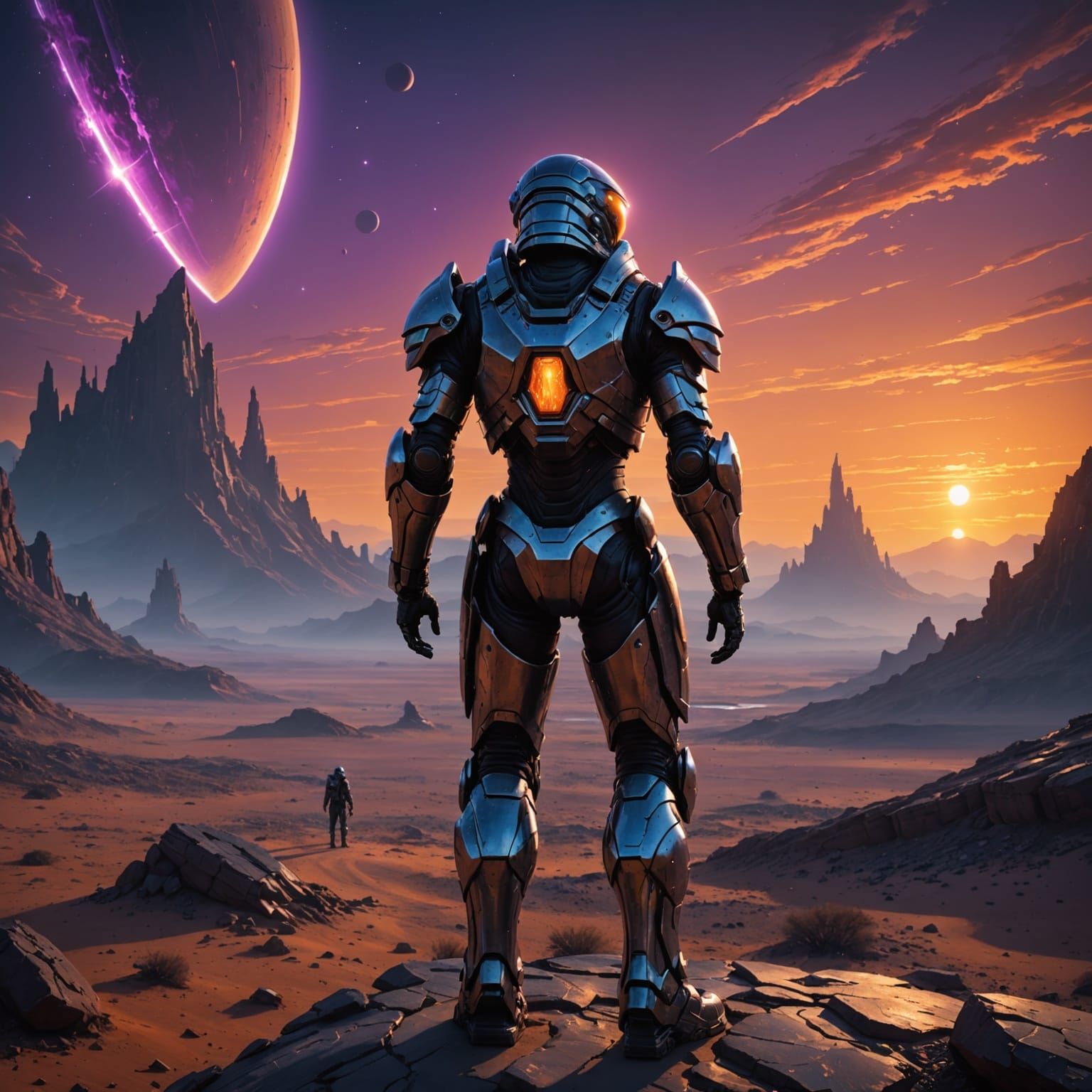 Lone Figure on Alien Planet at Binary Sunset