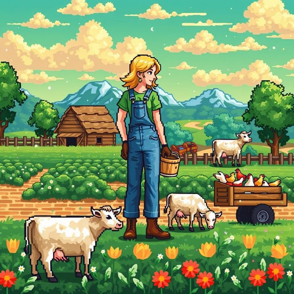 Pixel Art Female Farmer in a Spring Landscape