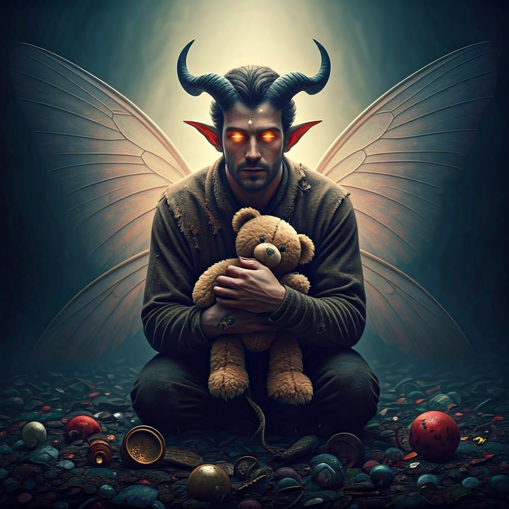 Fae with Teddy Bear in Ethereal Landscape