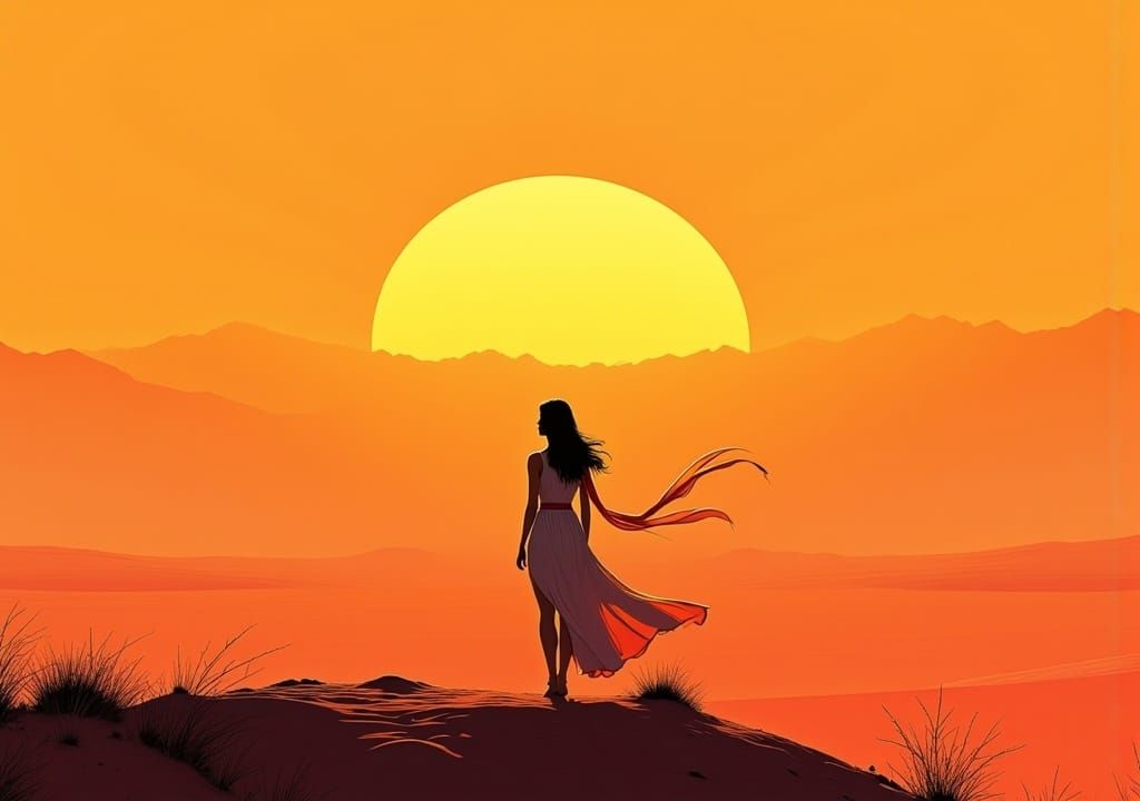 Woman on Mountain in Comic Art Style