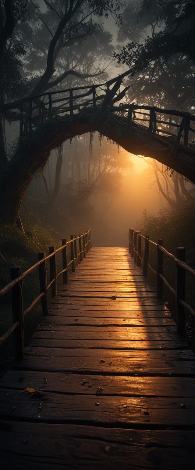 Ethereal Wooden Bridge in Dark Fantasy Oil Painting
