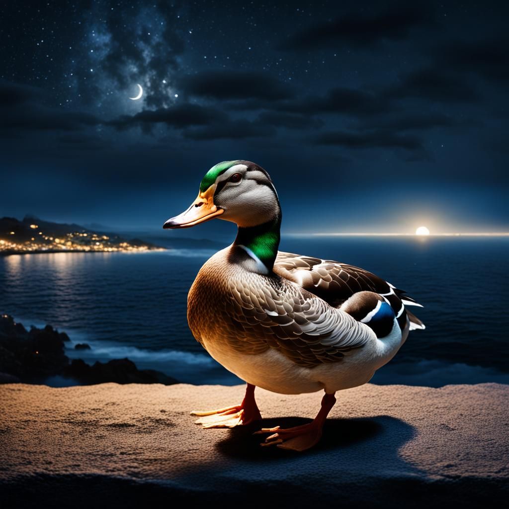 Hyper-Realistic Duck at Night by the Ocean