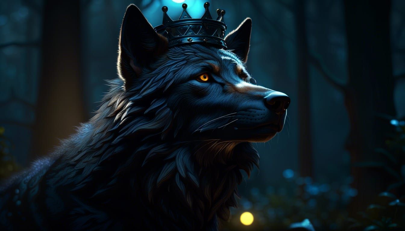 Crowned Black Wolf in Dark Fantasy Woodland