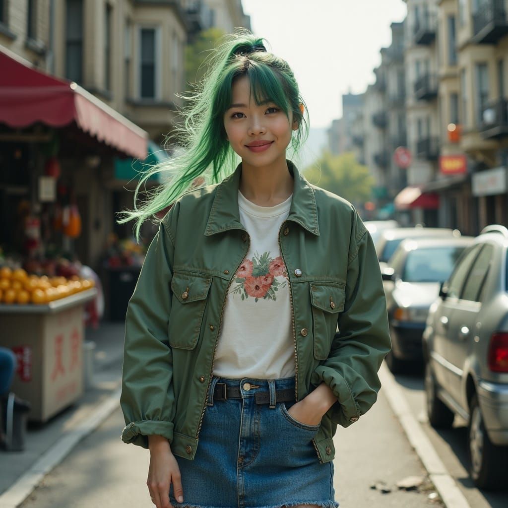 Green Haired Woman in Spring Jacket Walks Past Tenements