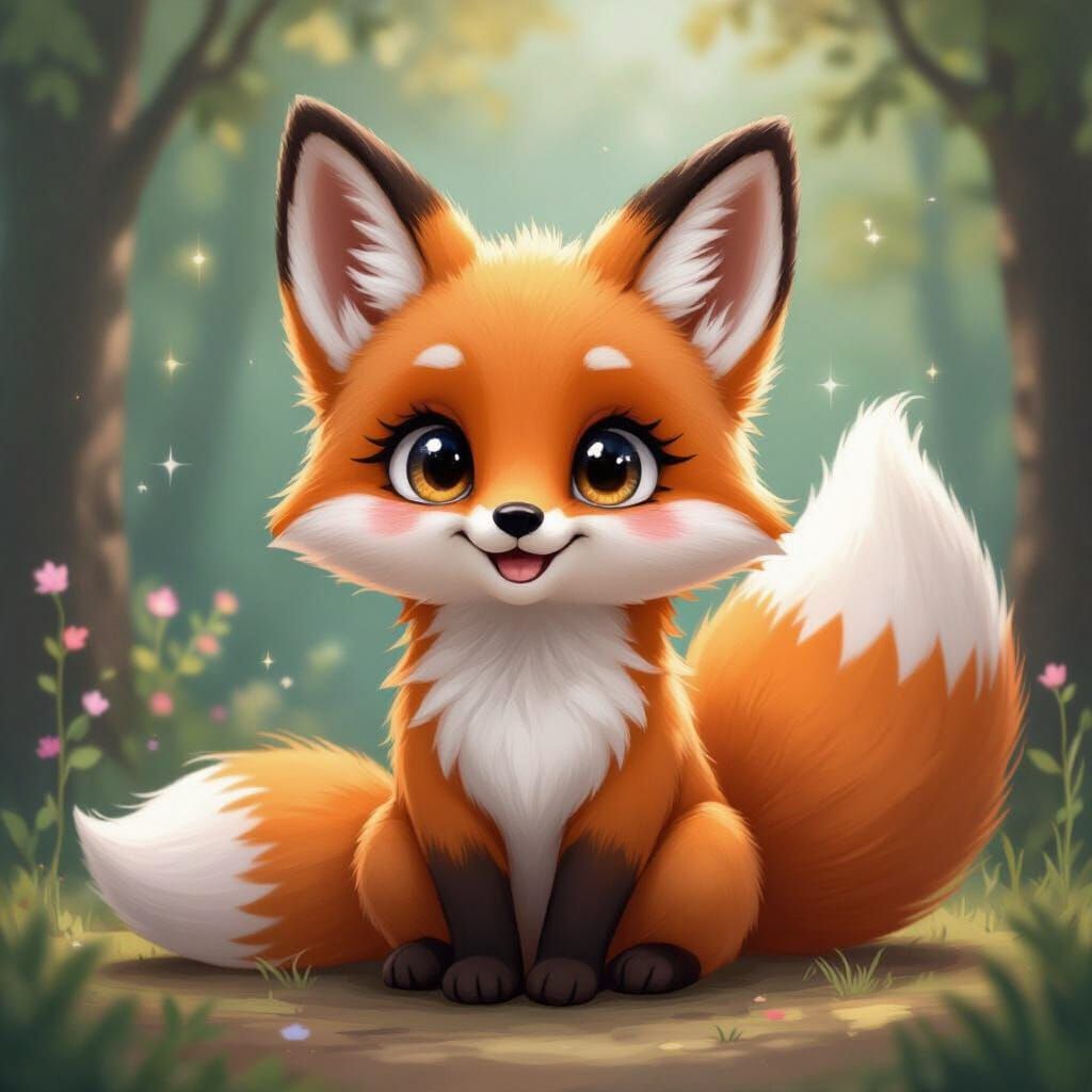 Happy Chibi Fox with Fluffy Tail