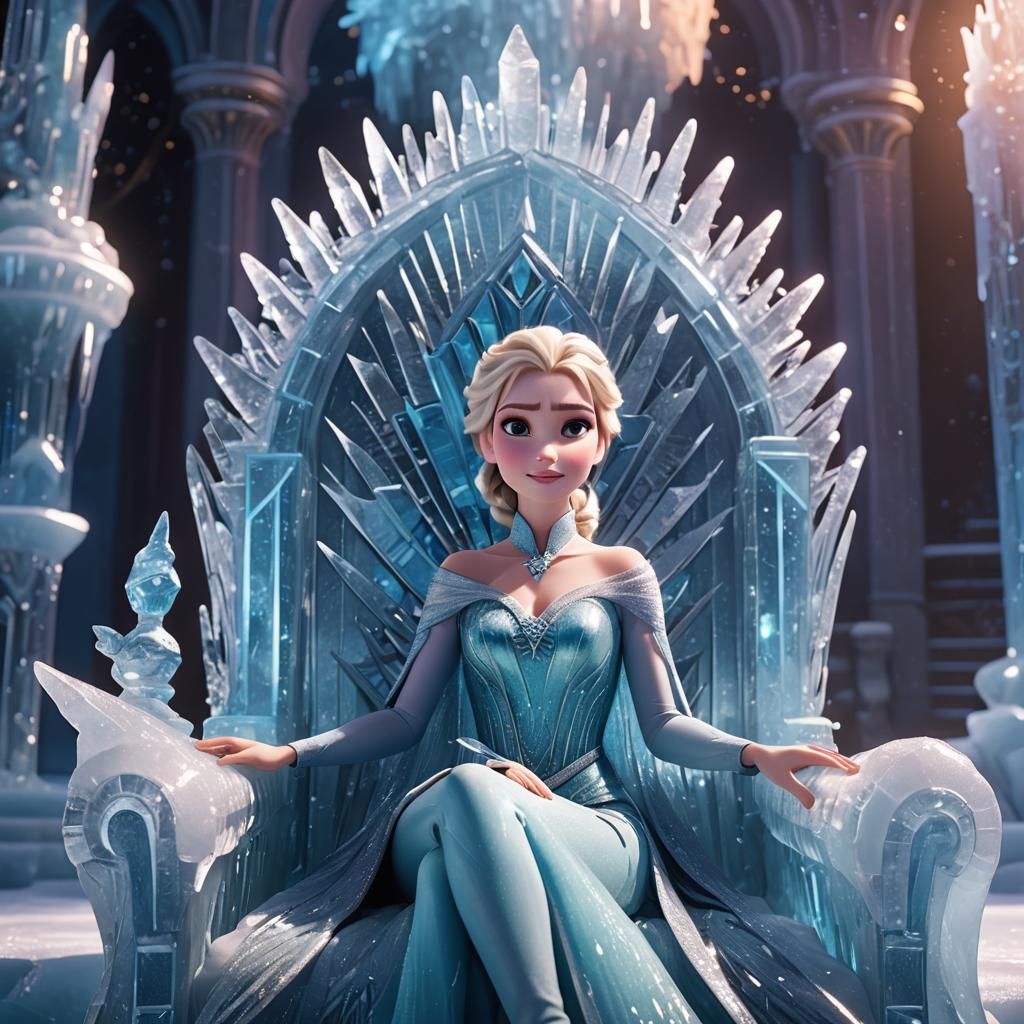 Elsa on Ice Throne in Ice Palace: 3D Digital Art