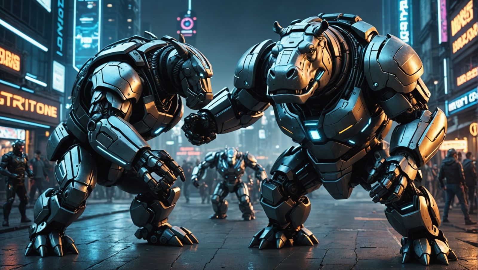 Angry Mecha Hippopotamus Fight in Tron Style