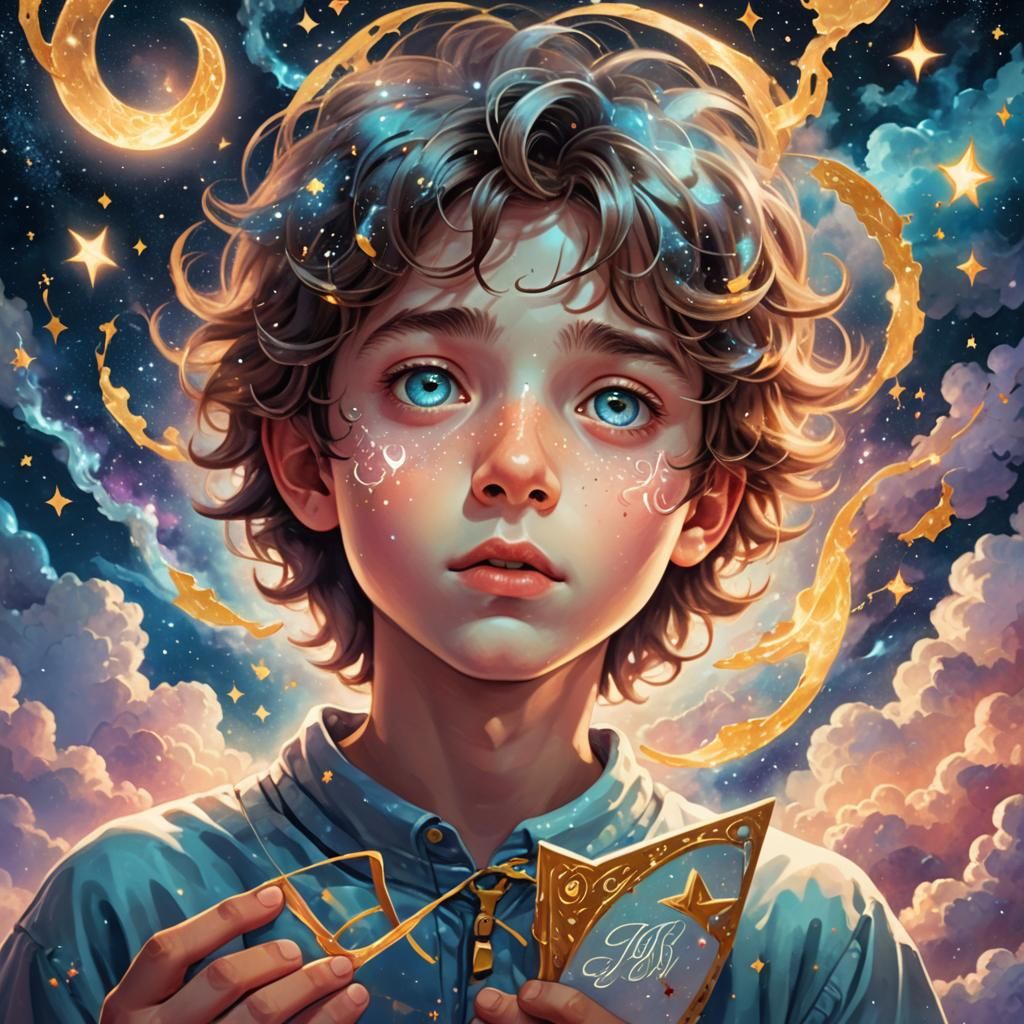 Jimmy and Glowing Letter: Surreal Astral Illustration