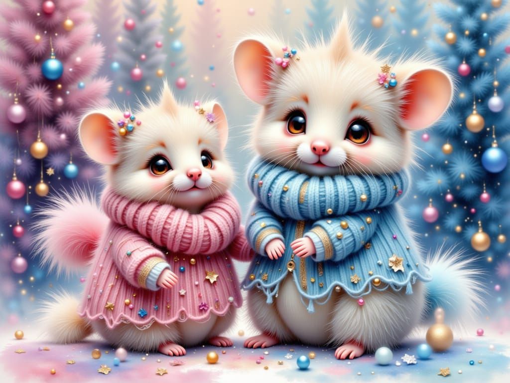Fluffy Mother and Baby Doodlebugs in Pastel Sweaters