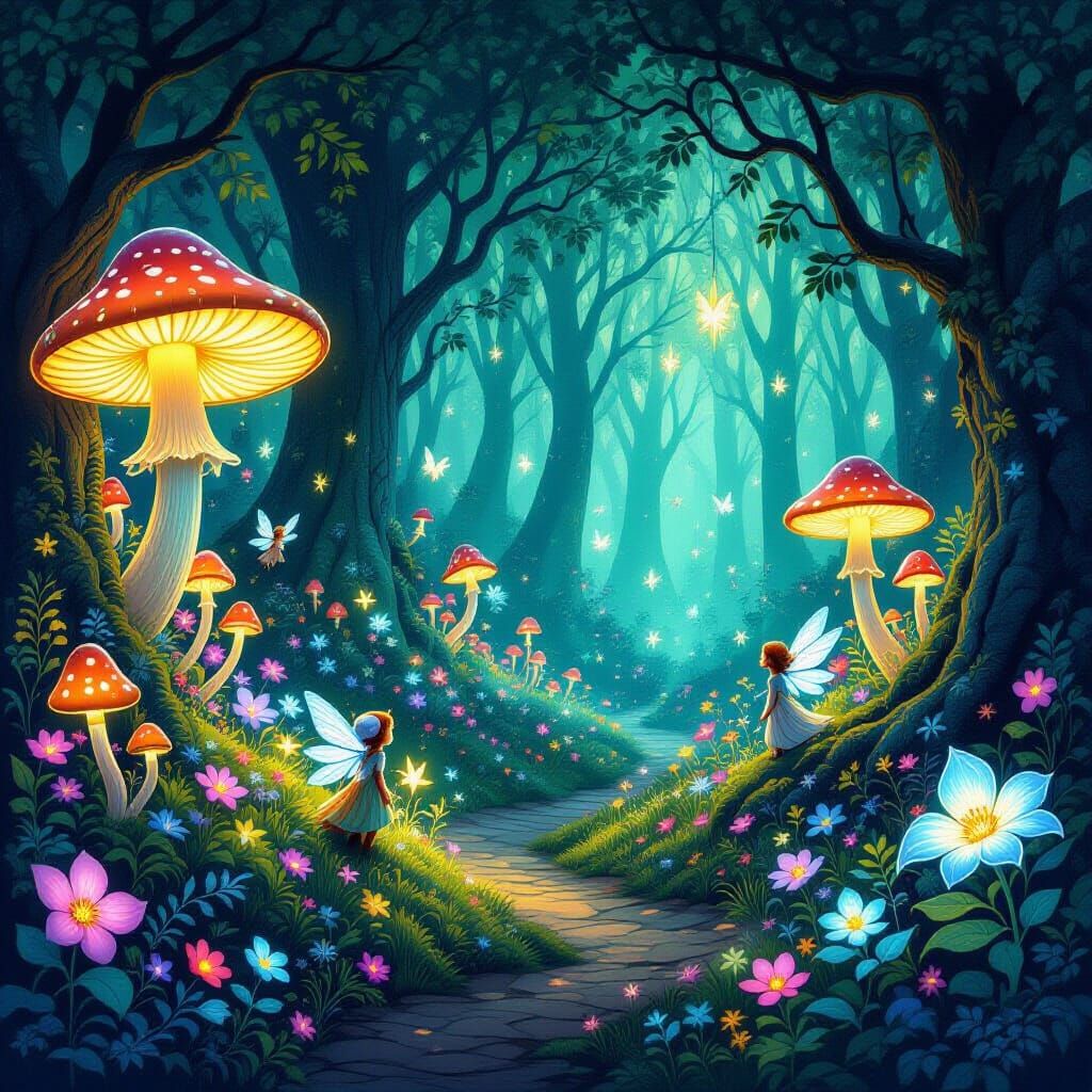 Bioluminescent Forest with Mythical Beings and Flora