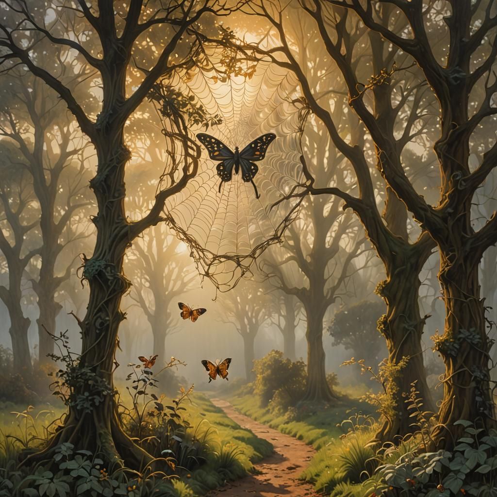 Spiderweb Horse and Butterfly in Pre-Raphaelite Style