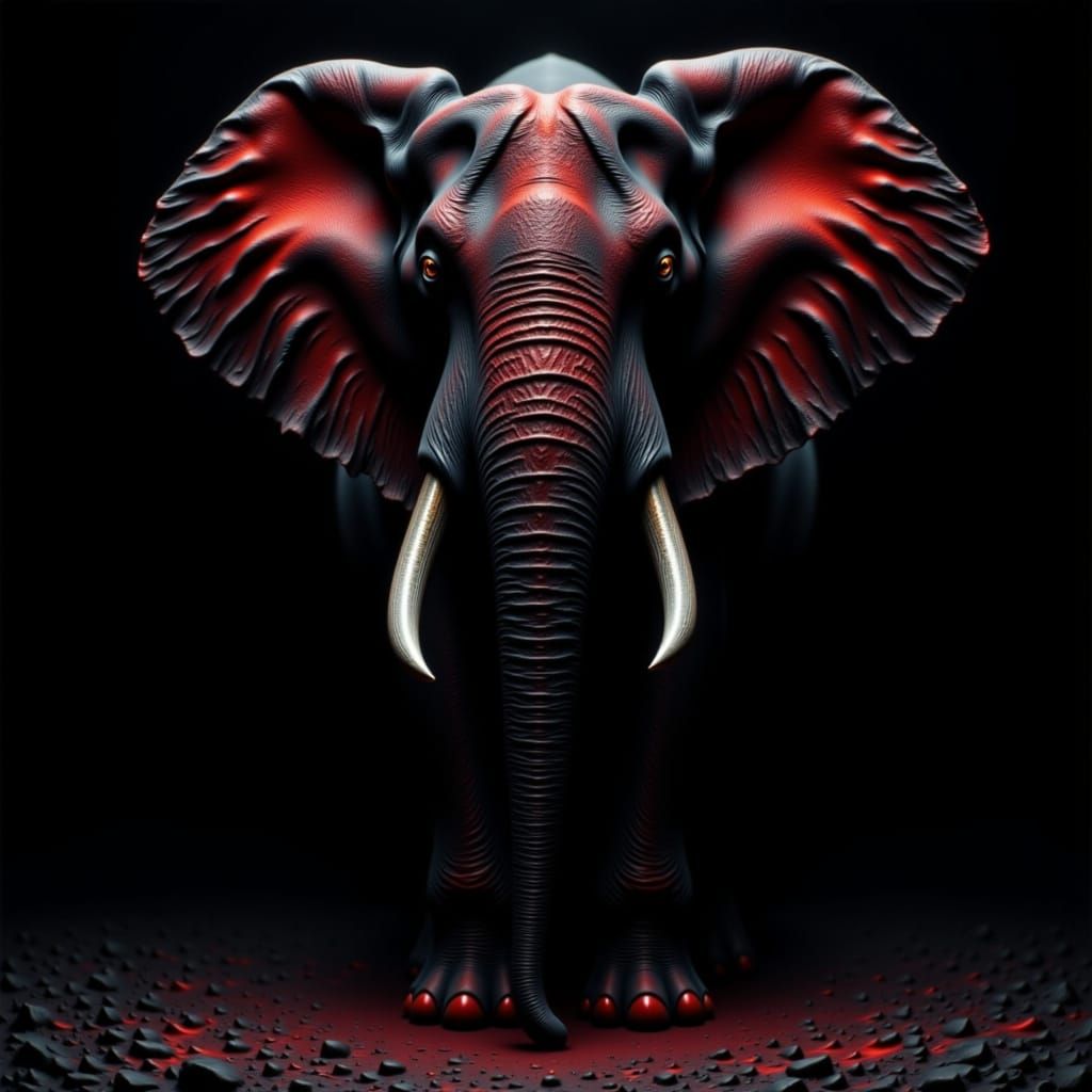 Black Silhouette Elephant with Red Texture in Escher Style