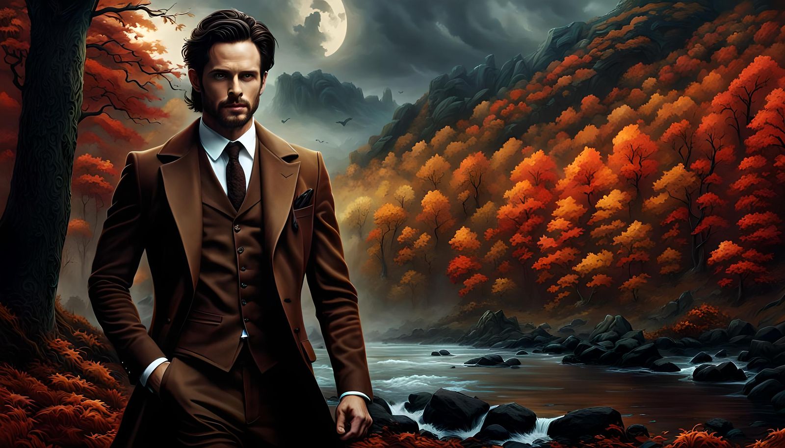 Melancholic Man in Autumn Woods, Fantasy Art