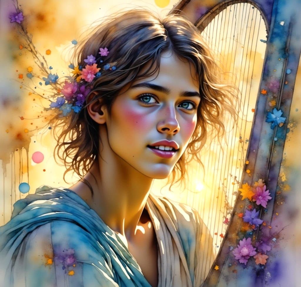 God of Music in Ethereal Watercolour Snowstorm