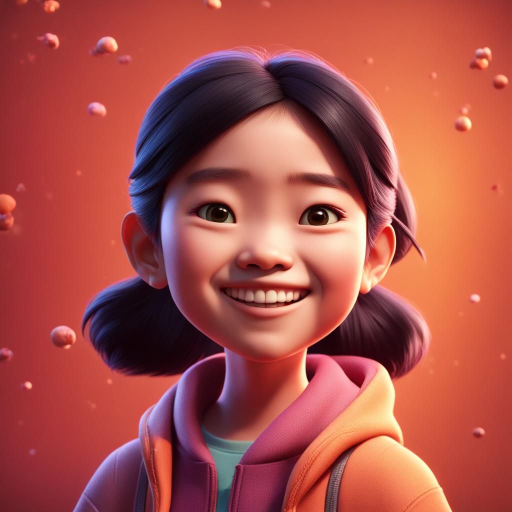 Smiling Asian Girl in Pixar-Inspired 3D Digital Art