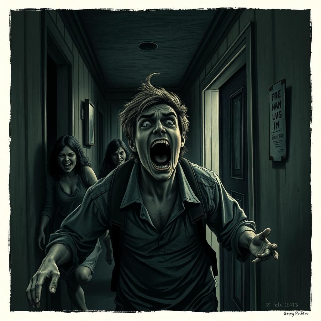 Terror in Dark Hotel Corridor, Gothic Illustration