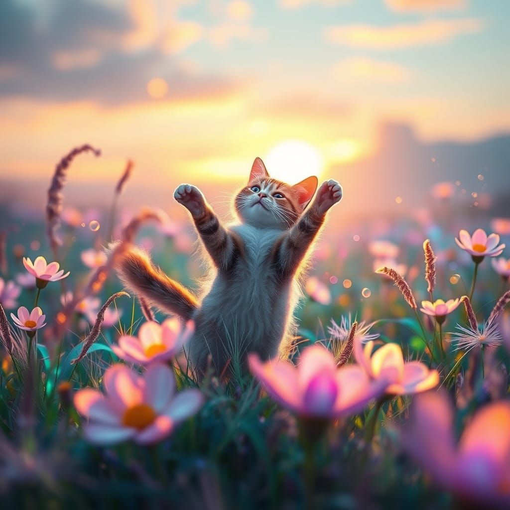 Whimsical Cat in a Dreamlike Meadow of Glowing Wildflowers