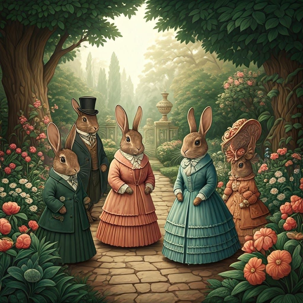 Rabbits in Victorian Dress in Lush Garden
