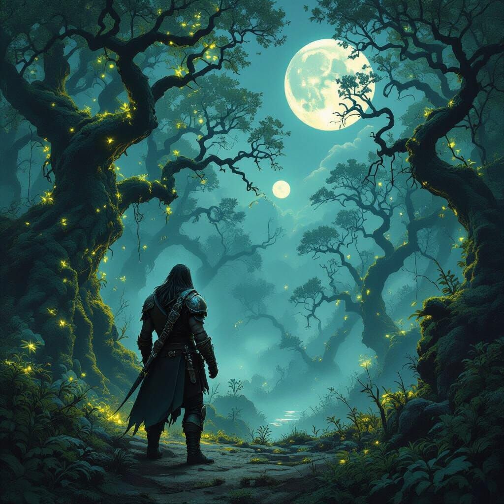 Grizzled Freelancer in Bioluminescent Forest Under Two Moons