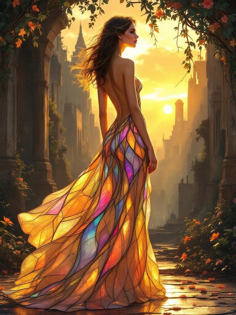 Stained-Glass Woman in Decayed City, Art Nouveau Style