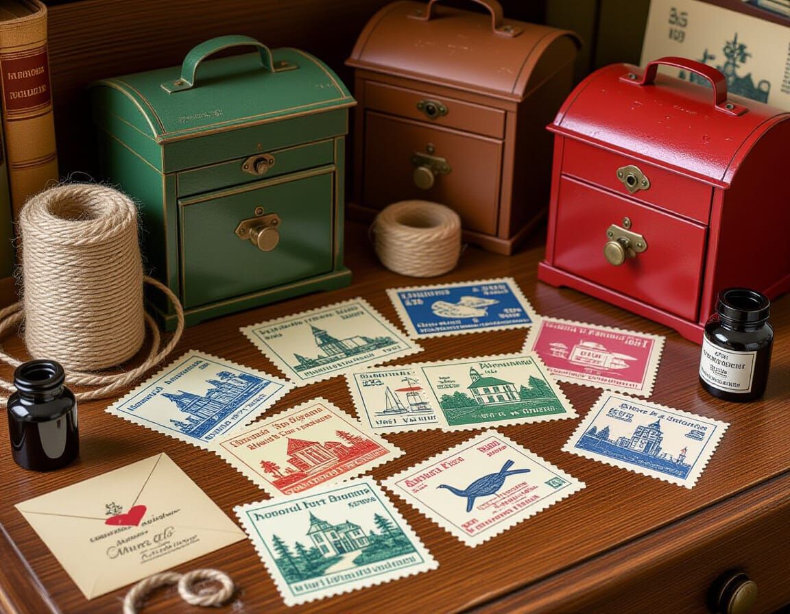 Vintage Stamps and Postcards in Children's Book Style