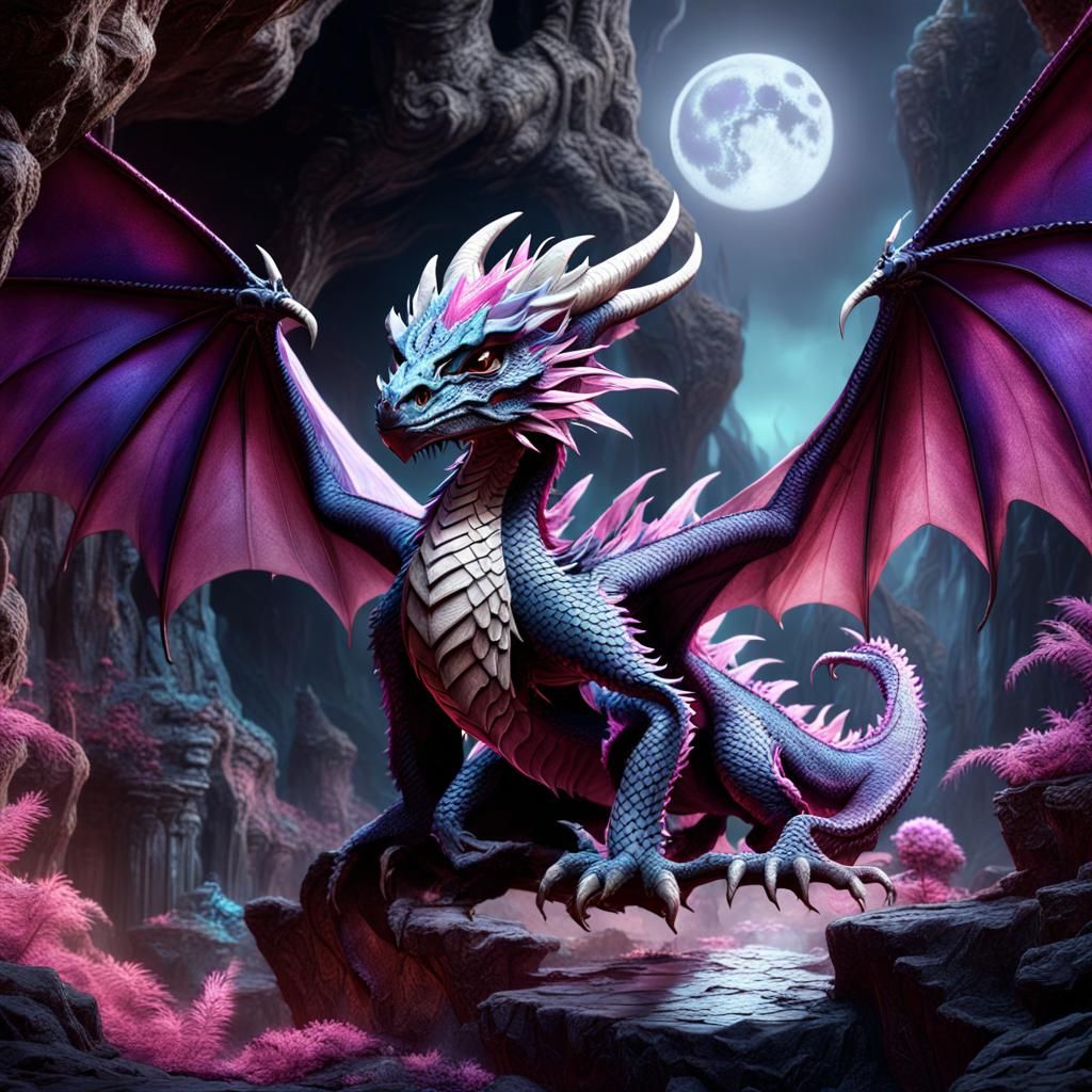 Feathered Baby Dragon Hoard Under Moonlight