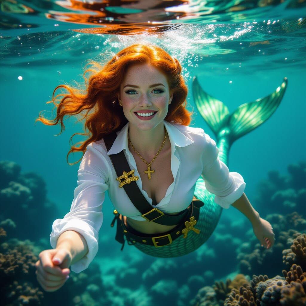 Ginger Mermaid Swims Over Coral Reef in Cinematic Style