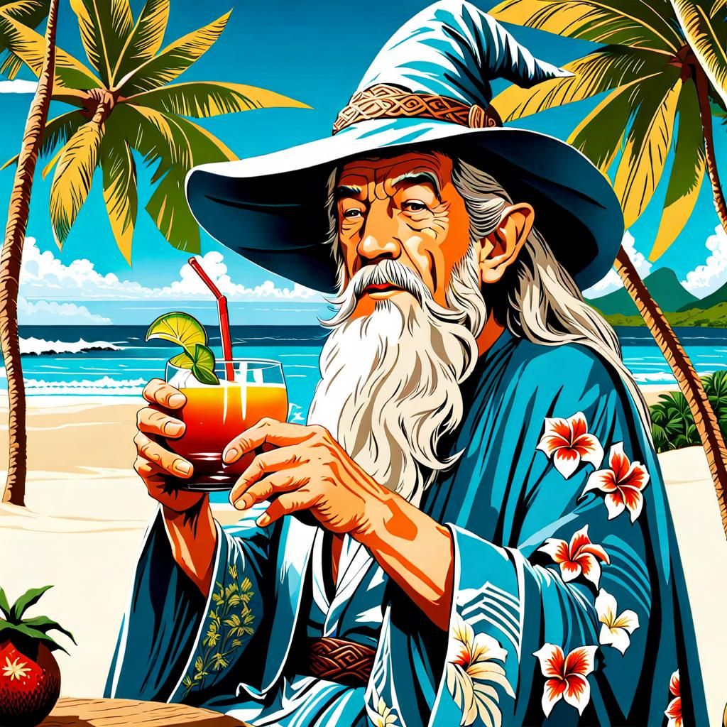 Gandalf on Vacation: Wizard Enjoying a Mai Tai