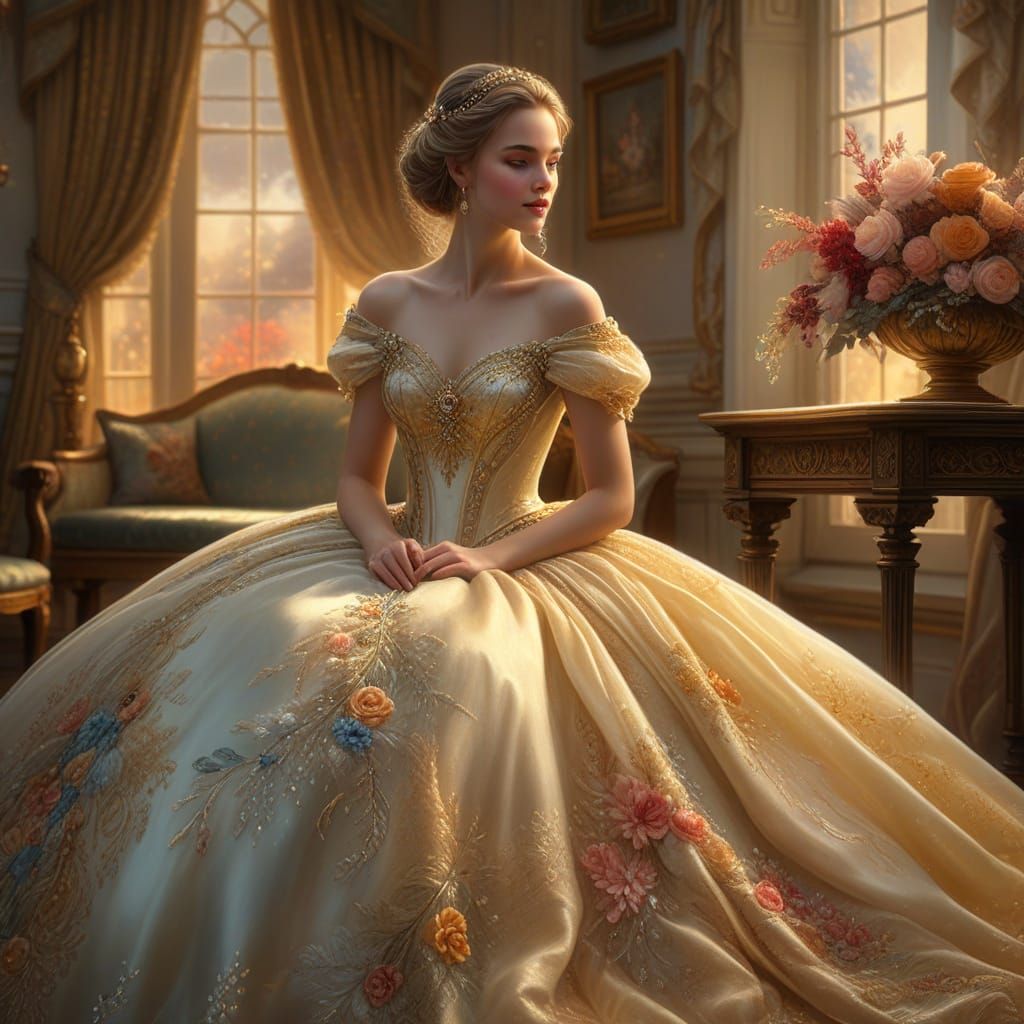 Ethereal Lady's Golden Gown: Hyperrealistic Oil Painting