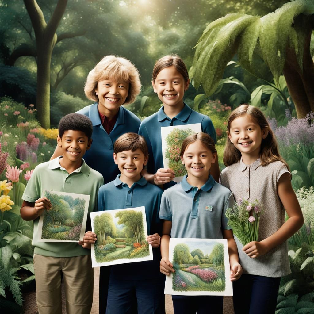 Teacher and Students in Lush Botanical Garden