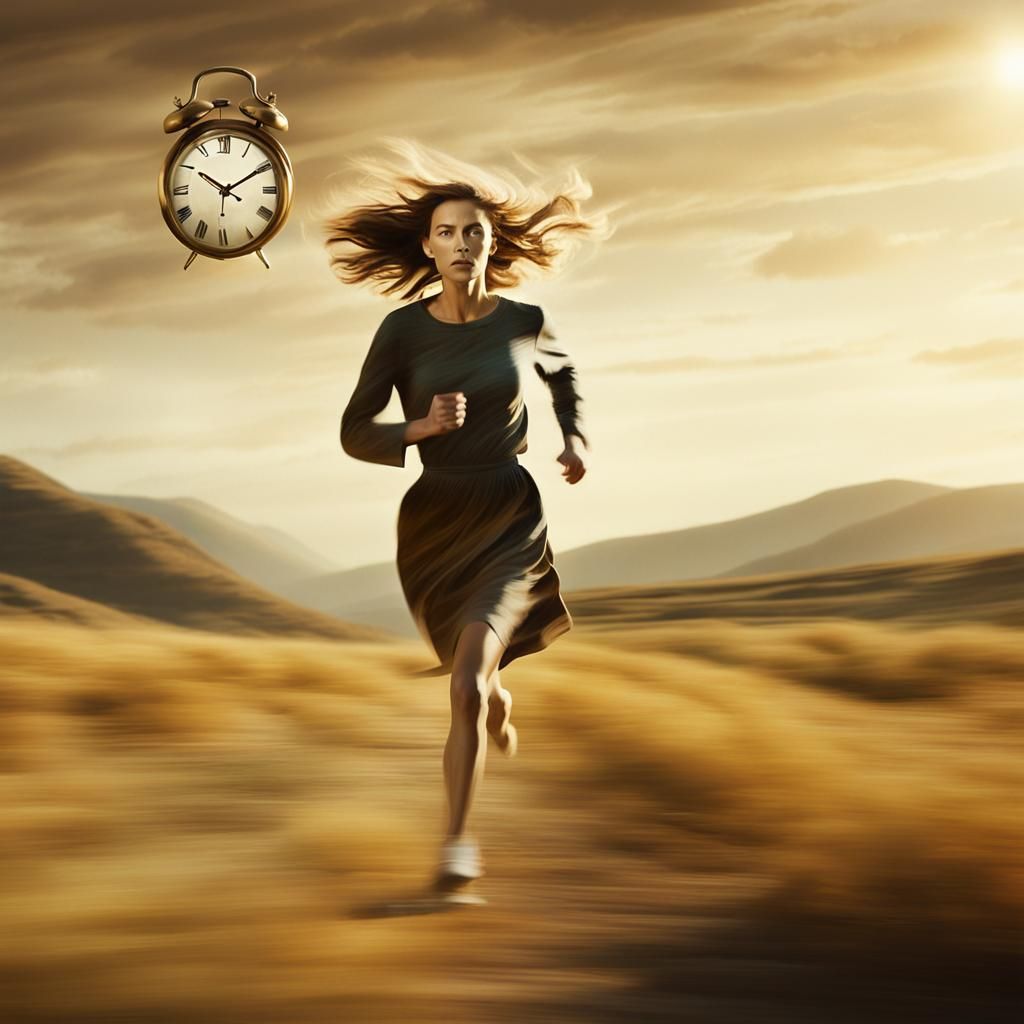 Surrealist Woman Flees Time in Cinematic Oil Painting