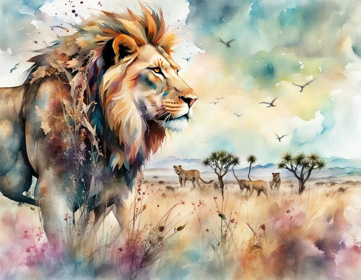 Lion Pride Hunt: Digital Watercolor Savannah Scene