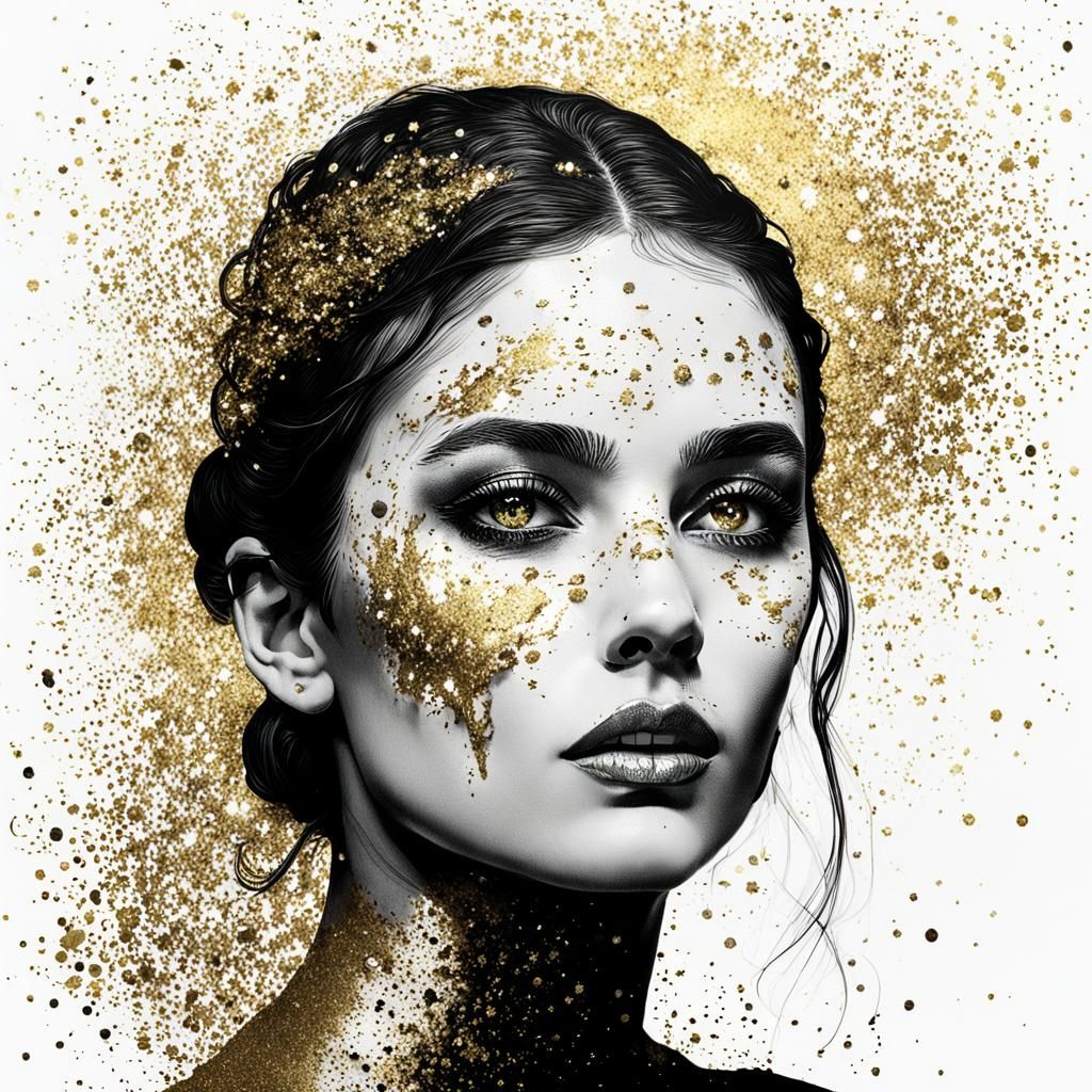 Minimalist Portrait of Woman in Ink and Gold