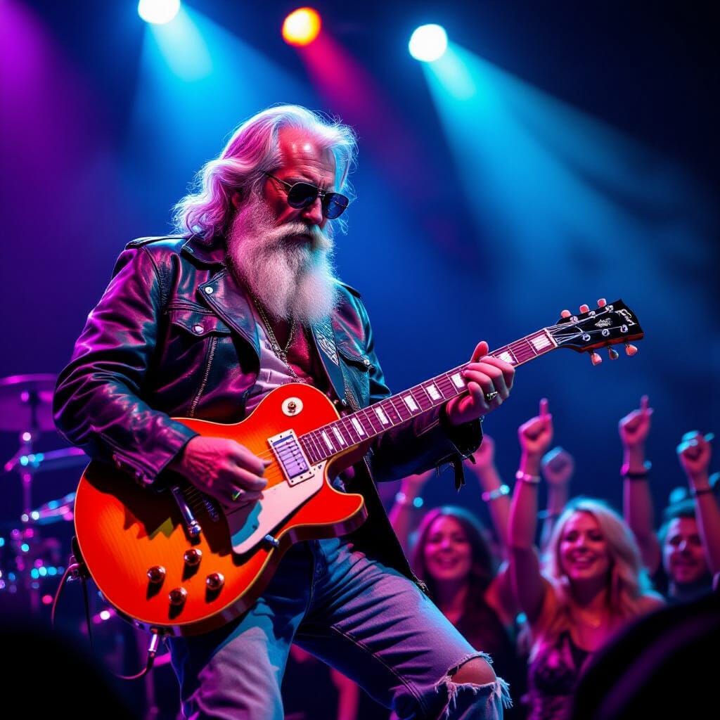 Rock and Roll Grandfather Shreds Guitar on Neon Stage