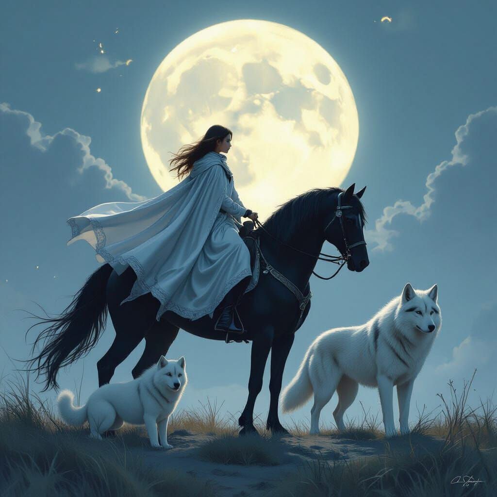 Girl Rides Stallion with Animals Under Moonlight