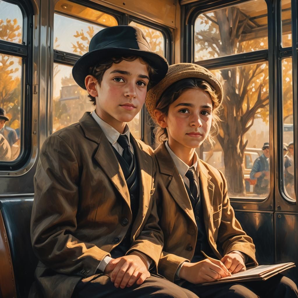 Ultra-Orthodox Boy and Sister on Bus in Oil Painting Style