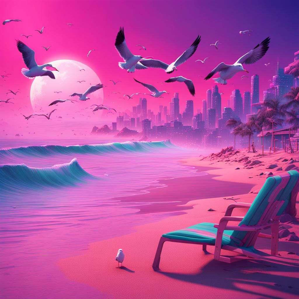 Vaporwave Beach Scene with Seagulls in Fantasy Art Style
