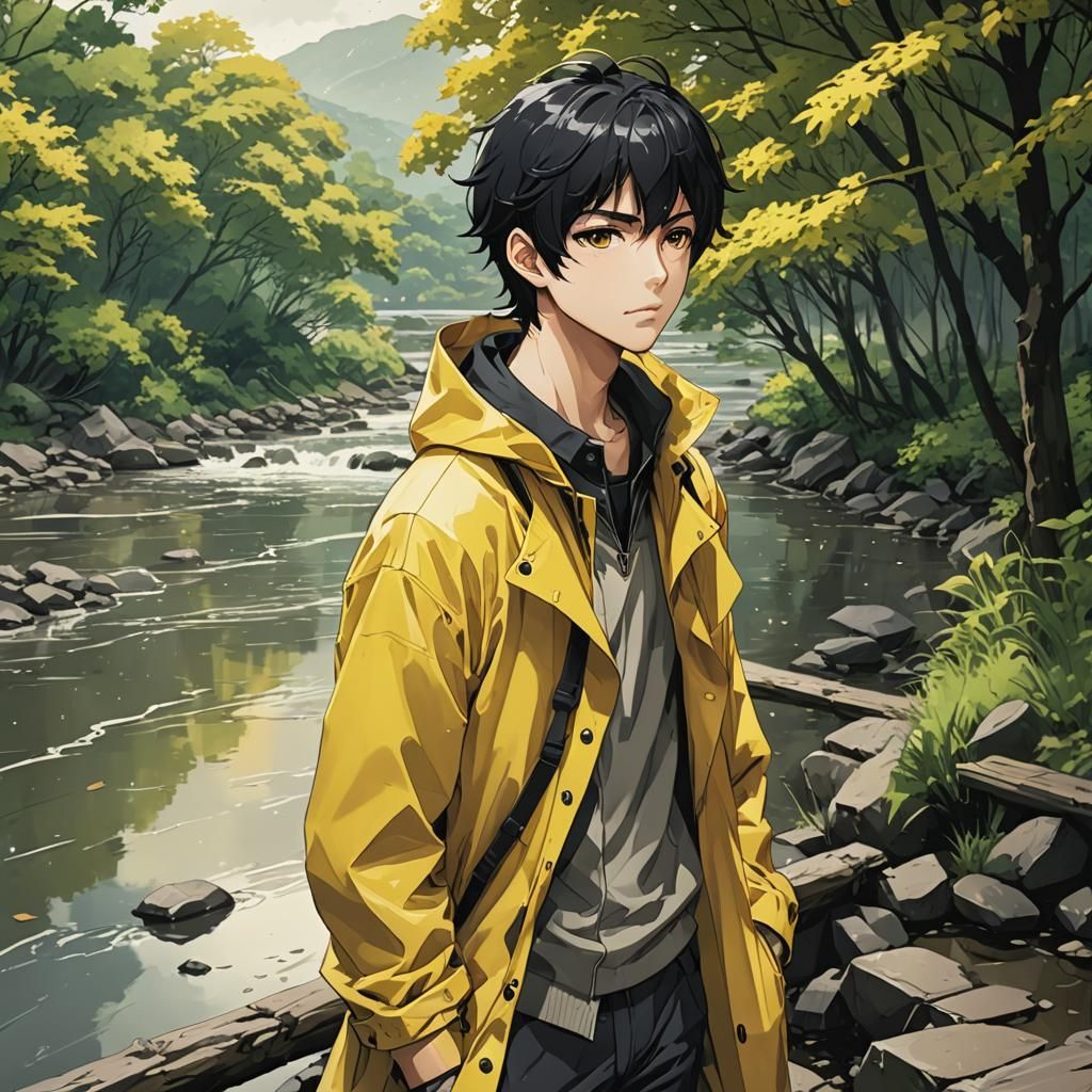 Anime Boy in Yellow Raincoat by River