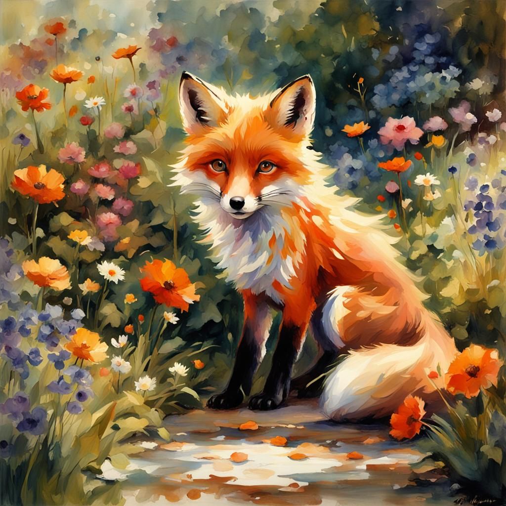 Chibi Fox in Garden: Impressionistic Watercolor Painting