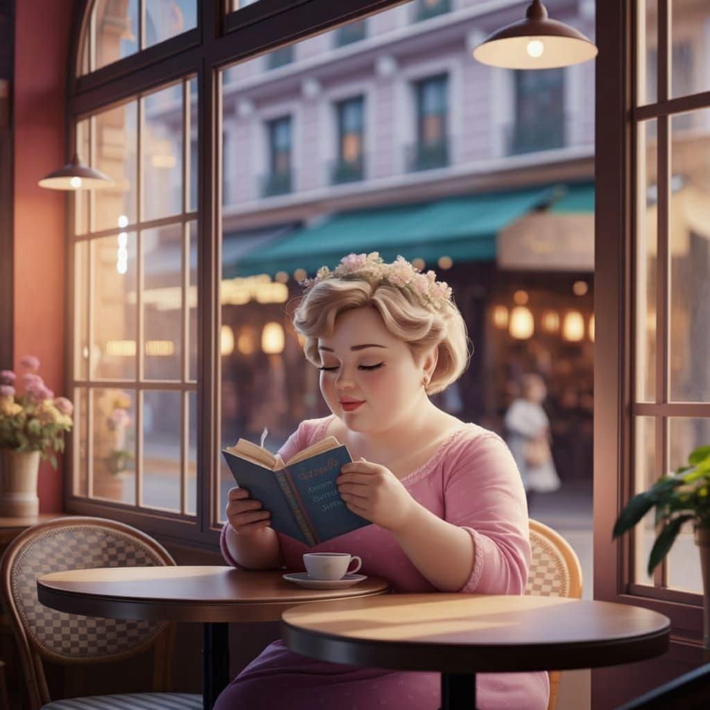Cozy Cafe Scene with Woman Reading and Coffee