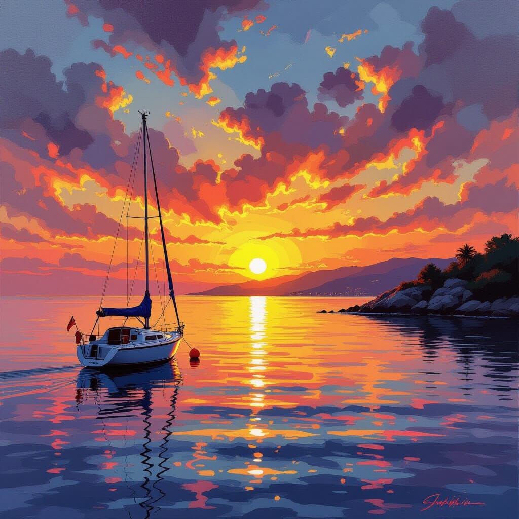 Colorful Sunset Sailboat in Vibrant Graffiti Art Style
